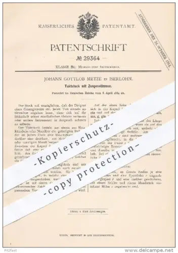 original Patent - J. Gottlob Metze , Iserlohn , 1884 , Taktstock mit Zungenstimmen | Musik , Musikinstrumente !!!