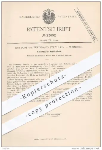 original Patent - Joh. Popp , Ferdinand Strählein , Nürnberg , 1883 , Musikkreisel | Kreisel , Musik , Sport , Spielzeug