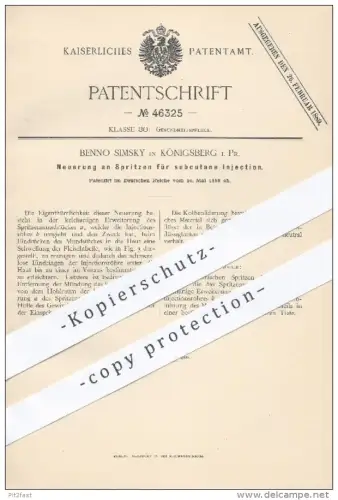 original Patent - Benno Simsky in Königsberg , 1888 , Spritzen für subkutane Injektion | Spritze , Medizin , Arzt !!!