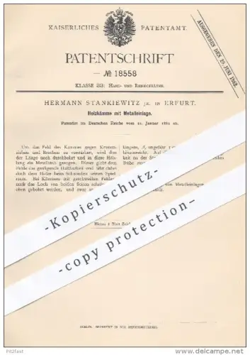 original Patent - Hermann Stankiewitz , Erfurt , 1882 , Holzkämme mit Metalleinlage | Kamm , Kämme , Haare , Friseur !!!