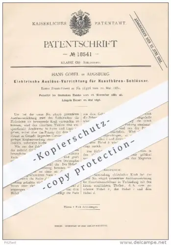 original Patent - Hans Göbel , Augsburg , 1881 , Elektrische Auslöse-Vorrichtung für Haustüren - Schlösser | Tür , Türen
