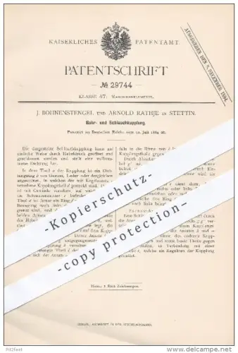 original Patent - J. Bohnenstengel , Arnold Rathje , Stettin , 1884 , Rohrkupplung , Schlauchkupplung , Kupplung , Rohr