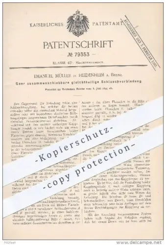 original Patent - Emanuel Müller , Heidenheim , 1894 , zusammenschiebbare gleichteilige Schlauchverbindung , Schlauch !!