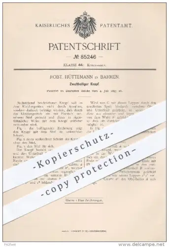 original Patent - Robt. Hüttemann in Barmen , 1895 , Zweiteiliger Knopf , Knöpfe , Bekleidung , Schneider , Schneiderei