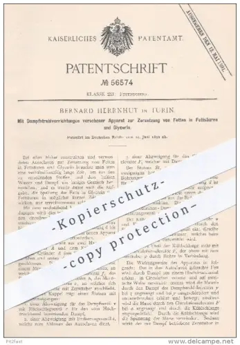 original Patent - Bernhard Herrnhut , Turin , 1890 , Zersetzung von Fetten in Fettsäure u. Clycerin mit Dampf !!!