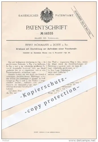 original Patent - E. Höhmann , Bonn , 1890 , Armband mit Taschenuhr , Uhr , Uhren , Uhrmacher , Goldschmied , Schmuck