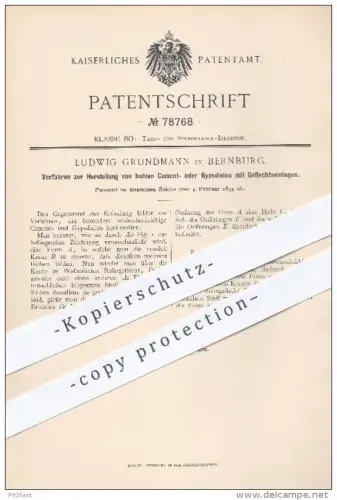 original Patent - L. Grundmann , Bernburg , 1894 , Zement- o. Gipsdielen mit Geflechtseinlagen / Zement , Gips , Beton !