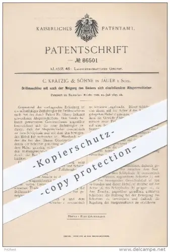 original Patent - C. Krätzig & Söhne , Jauer , 1895 , Drillmaschine mit Absperrschieber , Drillen , Landwirtschaft !!!