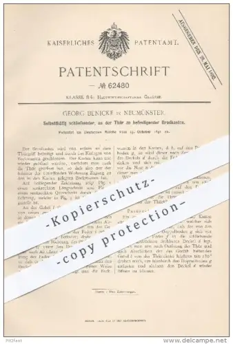 original Patent - Georg Benicke in Neumünster , 1891 , Selbsttätig schließender Brotkasten , Brot , Haushalt !!!