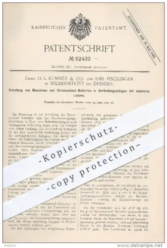 original Patent - O. L. Kummer & Co. , E. Fischinger , Niedersedlitz / Dresden 1891 , Schaltung an Maschinen , Batterien