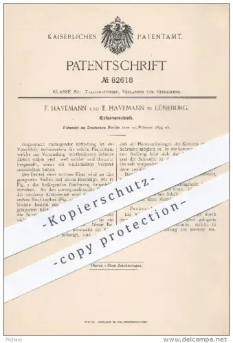 original Patent - F. & E. Havemann , Lüneburg , 1895 , Verschluss für Kisten , Kiste , Verpackung , Versand , Transport