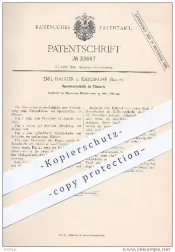 original Patent - Emil Hauger in Karlsruhe , 1885 , Spundverschluss am Fass , Fässer , Bierfass , Bier , Gastronomie !