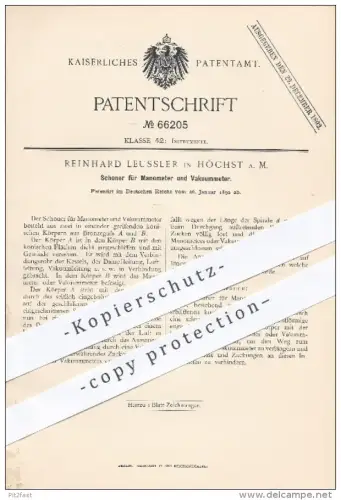 original Patent - R. Leussler , Höchst / Main , 1892 , Schoner für Manometer u. Vakuummeter , Vakuum , Bronze , Kessel !