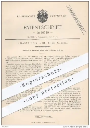 original Patent - J. Nastainzik , Beuthen , O.-Schl. , 1888 , Schlammaufbereiter , Schlamm , Erz , Erze , Wasser !