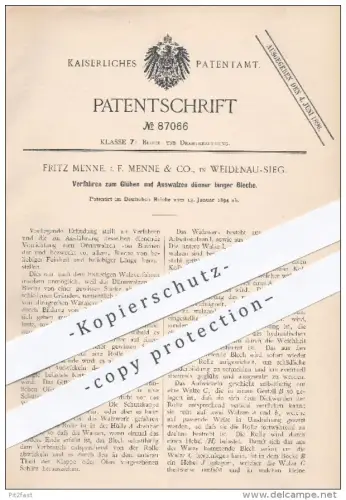 original Patent - Fritz Menne , Menne & Co. , Weidenau - Sieg , 1894 , Glühen u. Auswalzen langer Bleche , Blech , Draht