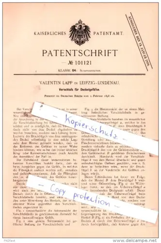 Original Patent  - Valentin Lapp in Leipzig-Lindenau , 1898 , Verschluß für Deckelgefäße !!!