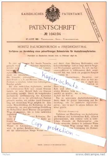 Original Patent  - Moritz Rauschenbusch in Friedrichsthal , 1898 , Thonwaarenindustrie !!!