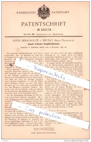 Original Patent  - L. Denayrouze in Neuilly , Seine, Frankreich , 1897 , Gasglühlichtbrenner !!!