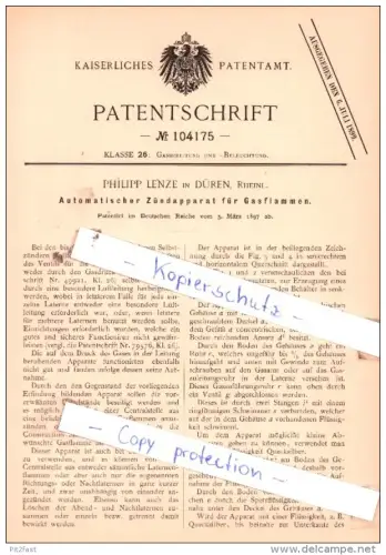 Original Patent  - Philipp Lenze in Düren, Rheinl , 1897 , Zündapparat für Gasflammen !!!