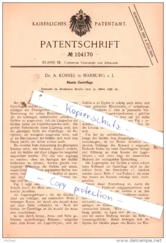 Original Patent  - Dr. A. Kossel in Marburg a. L. , 1898 , Absetz-Centrifuge !!!