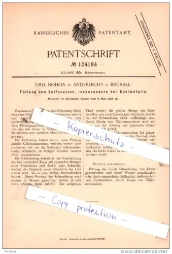 Original Patent  -  Emil Bohon in Anderlecht b. Brüssel , 1898 , Hüttenwesen !!!