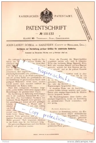 Original Patent  - John Laskey in Harlesden , County of Middlesex, Engl. , 1898 , Thonwaaren !!!