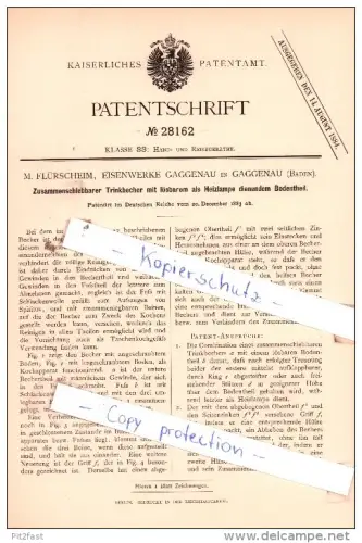 Original Patent  - M. Flürscheim, Eisenwerke Gaggenau , Baden , 1883 , Trinkbecher !!!
