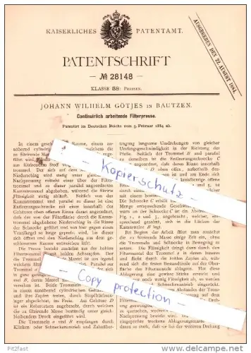 Original Patent  - Johann Wilhelm Götjes in Bautzen , 1884 , Pressen !!!
