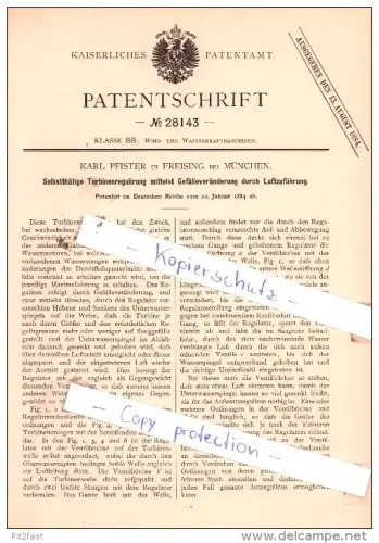 Original Patent  - Karl Pfister in Freising bei München , 1884 , Turbinenregulirung !!!