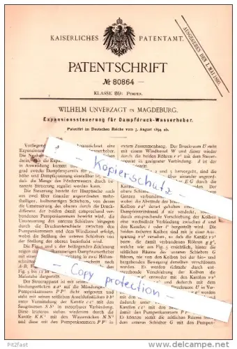 Original Patent  - Wilhelm Unverzagt in Magdeburg , 1894 , Pumpen !!!
