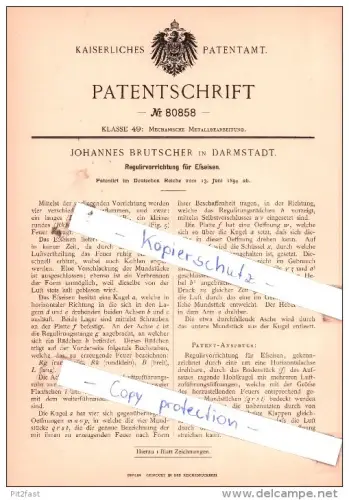 Original Patent  - Johannes Brutscher in Darmstadt ,1894 , Regulirvorrichtung für Efseisen !!!