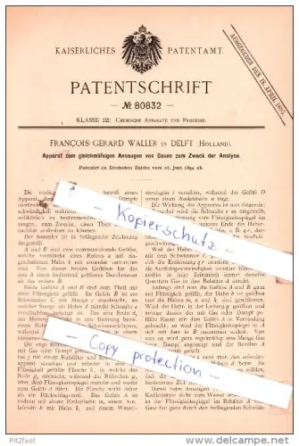 Original Patent  -  F. G. Waller in Delft , Holland , 1894 , Apparat zum Ansaugen von Gasen !!!