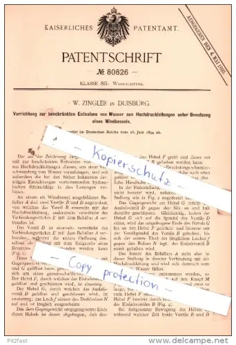 Original Patent  - W. Zingler in Duisburg , 1894 , Wasserleitung !!!