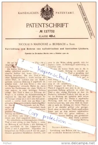 Original Patent  - Nicolaus Massonne in Burbach a. Saar. , 1900 , Bohren von Löchern , Saarbrücken !!!