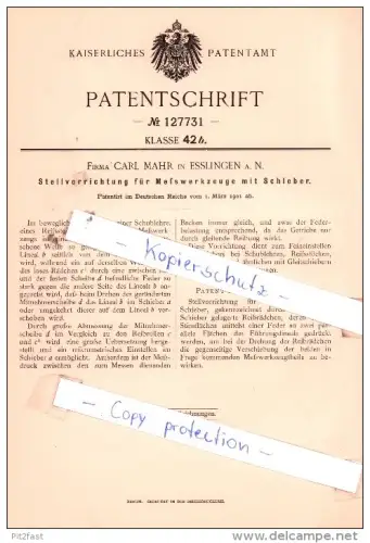 Original Patent  - Firma C. Mahr in Esslingen a. N. , Stellvorrichtung für Meßwerkzeuge mit Schieber !!!