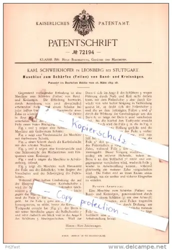 Original Patent  - Karl Schweikhofer in Leonberg bei Stuttgart , 1893 ,  !!!