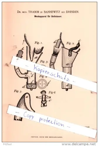 Original Patent  - Dr. med. Thamm in Bannewitz b. Dresden ,1893, Weckapparat für Bettnässer , Kinder , Arzt , Kinderarzt