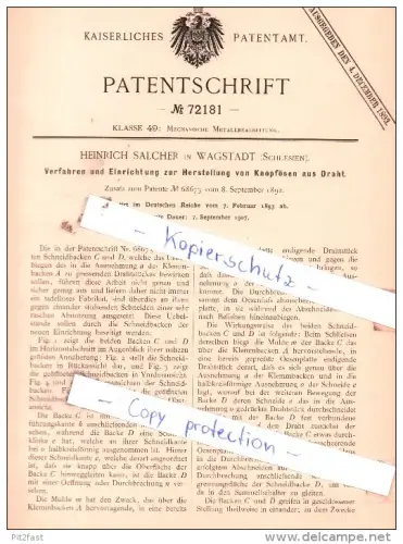 Original Patent  - H. Salcher in Wagstadt / Bilovec , Schlesien , 1893 , Herstellung von Knopfösen aus Draht !!!