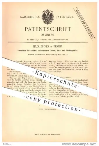 original Patent - Felix Brokk , Berlin , 1886, Verschluss für Gefäße , Tintenfass , Fass , Tinte , Schreiben , Scharnier