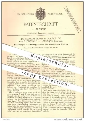 original Patent - Dr. François Borel in Cortaillod & E. Paccaud in Lausanne , 1886 , Messung elektrischer Ströme , Strom