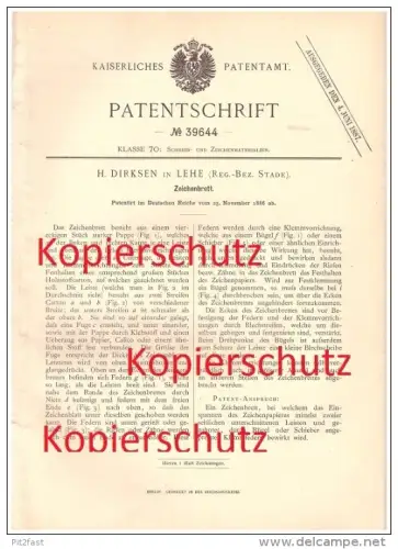 original Patent - H. Dirksen in Lehe / Bremerhaven , 1886 , Zeichenbrett , Zeichnen , Zeichnungen , Stade !!!