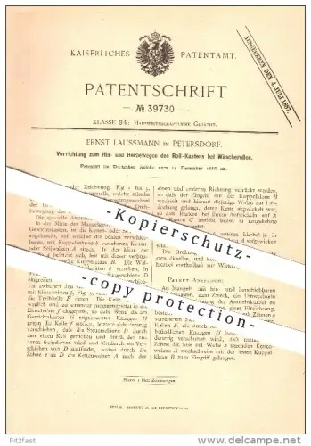original Patent - Ernst Laussmann in Petersdorf , 1886 , Roll-Kasten bei Wäscherollen , Haushalt !!!