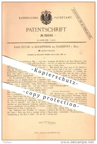 original Patent - Karl Flugel in Bockenheim bei Frankfurt a. Main , 1886 , Weckerwerk , Wecker , Uhr , Uhren , Uhrmacher