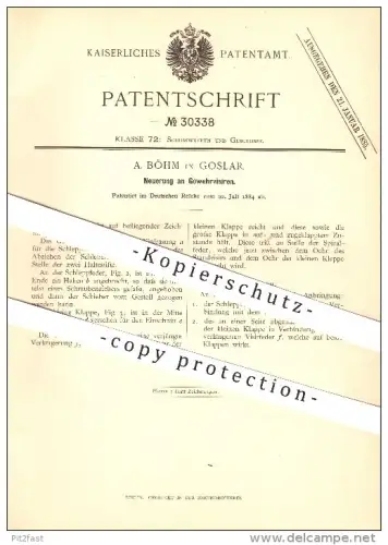original Patent - A. Böhm in Goslar , 1884 , Gewehrvisiere , Gewehre, Waffen , Geschosse !!!