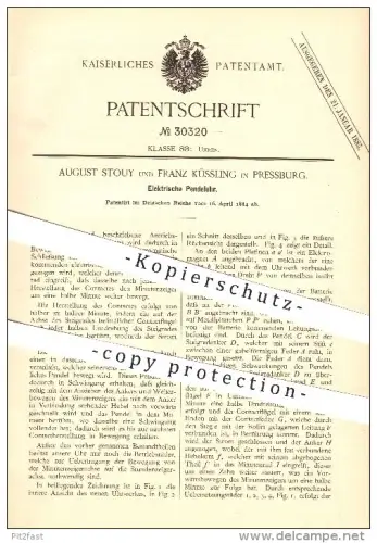 original Patent - August Stouy & Franz Küssling in Pressburg / Bratislava , 1884 , Elektrische Pendeluhr , Uhrmacher !!!
