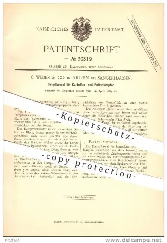 original Patent - C. Weber & Co. in Artern bei Sangerhausen , 1884 , Dampfkessel für Kartoffel- und Futterdämpfer !!!