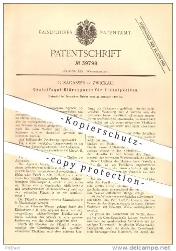 original Patent - G. Sagasser in Zwickau , 1886 , Zentrifugal-Klärapparat für Flüssigkeiten , Wasserleitung !!!