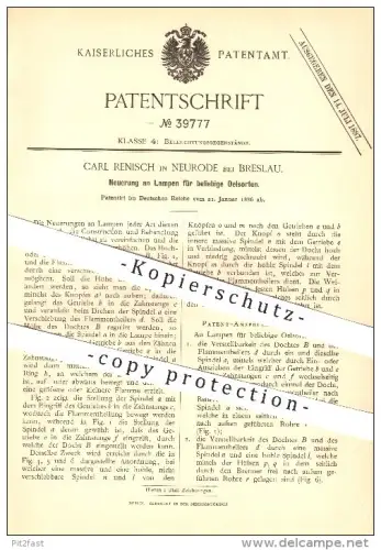 original Patent - Carl Renisch in Neurode / Nowa Ruda bei Breslau , 1886 , Lampen für Öl , Licht , Schlesien !!!