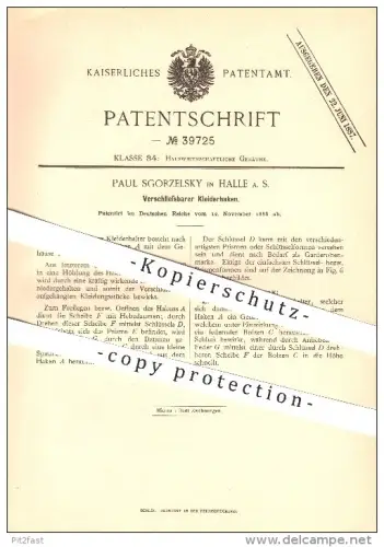 original Patent - Paul Sgorzelsky in Halle a. S. , 1886 , Verschließbarer Kleiderhaken , Kleider , Haushalt !!!