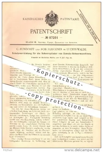 original Patent - C. Rundorff u. Rob. Fliegener in Luckenwalde , 1895 , Schutzvorrichtung an Gewebe-Schermaschinen !!!
